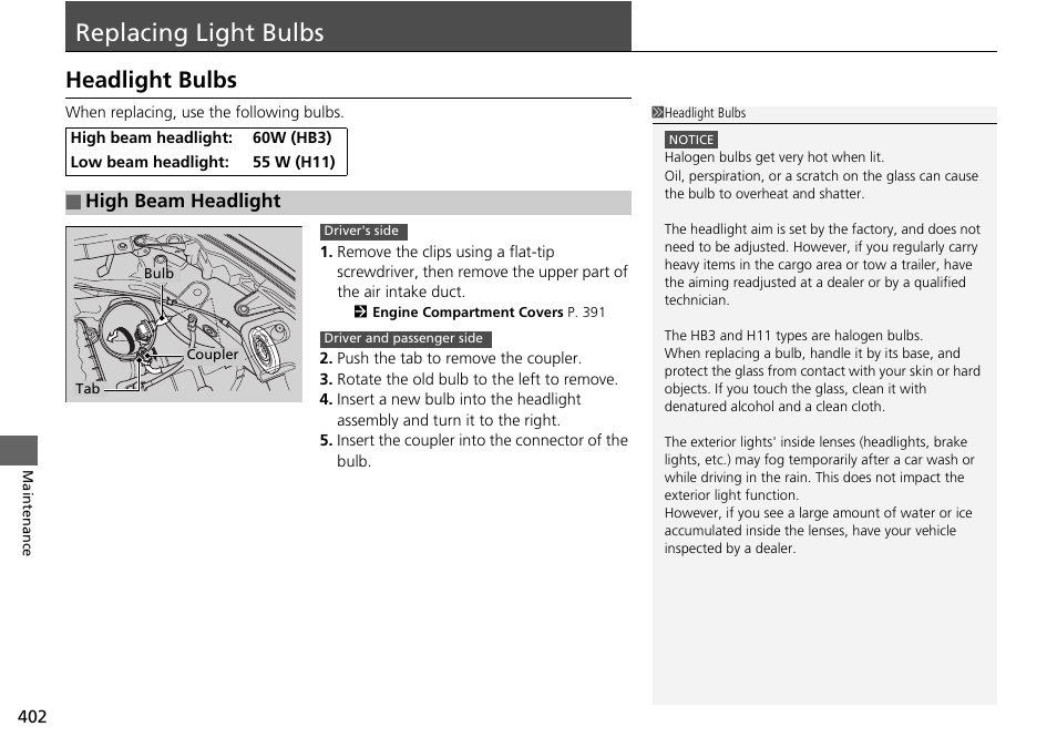 Replacing light bulbs p. 402, P402), Replacing light bulbs p | Replacing light bulbs, Headlight bulbs | HONDA 2015 Pilot - Owner's Manual User Manual | Page 403 / 488