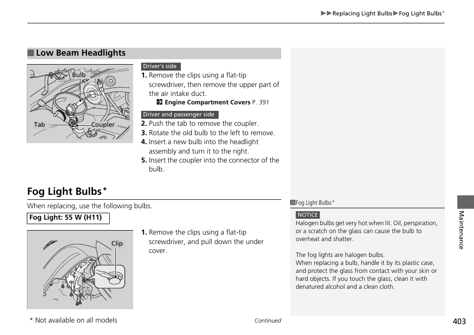 Fog light bulbs, Low beam headlights | HONDA 2015 Pilot - Owner's Manual User Manual | Page 404 / 488