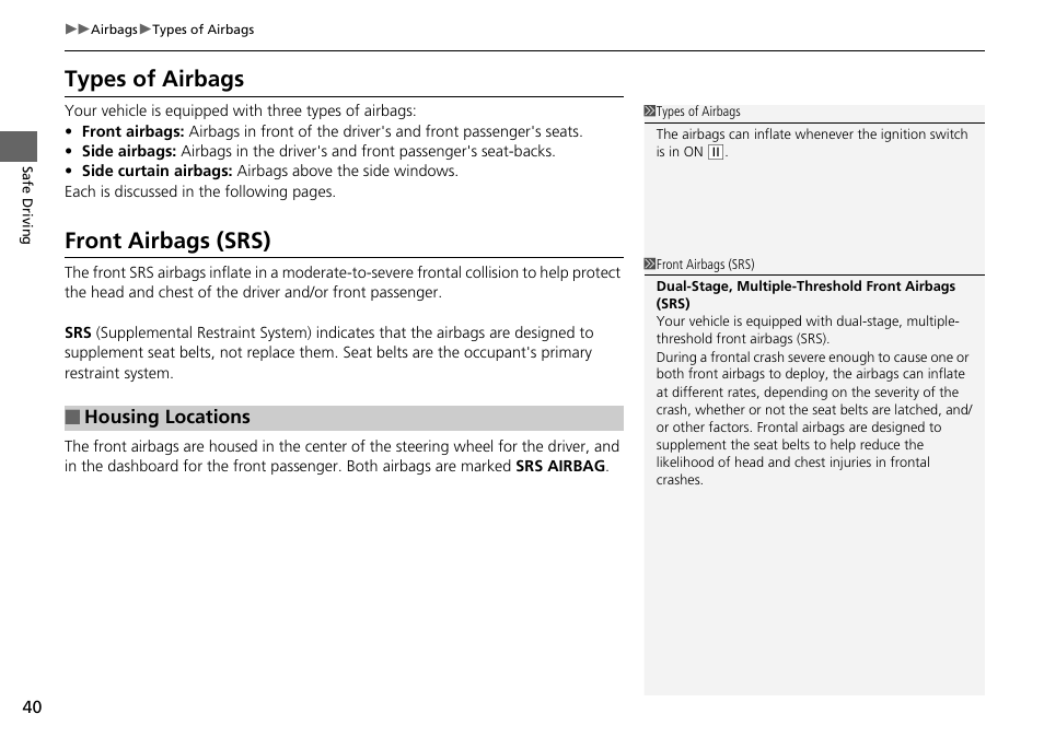 P40), Types of airbags front airbags (srs), Types of airbags | Front airbags (srs) | HONDA 2015 Pilot - Owner's Manual User Manual | Page 41 / 488