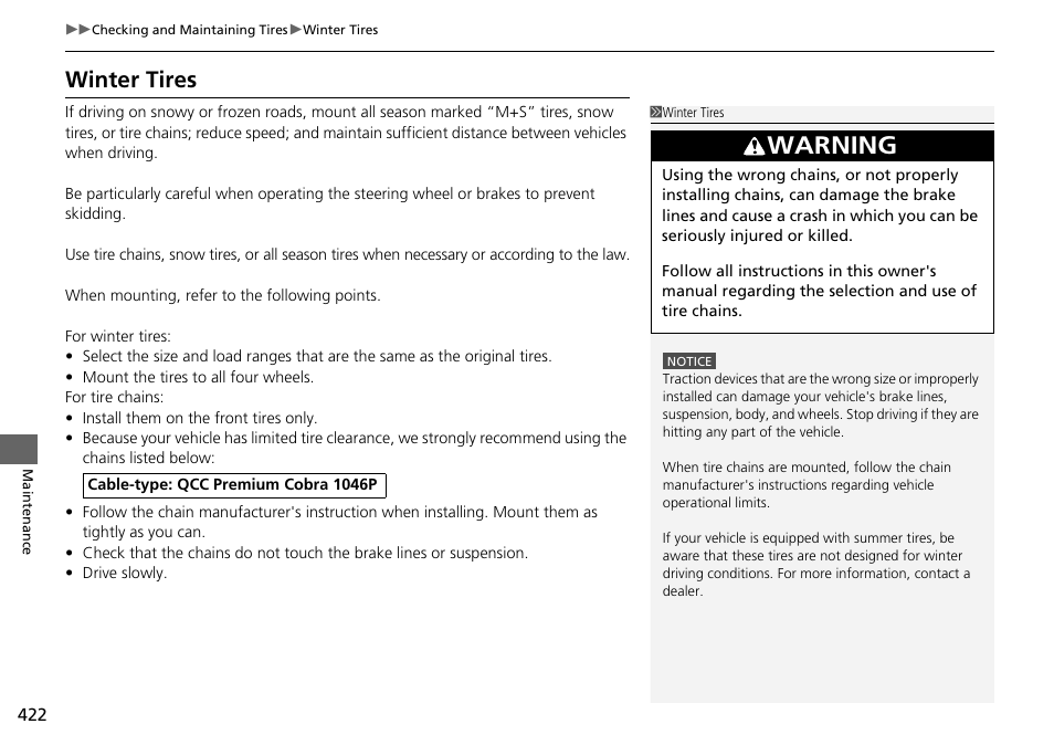 Winter tires, Warning | HONDA 2015 Pilot - Owner's Manual User Manual | Page 423 / 488