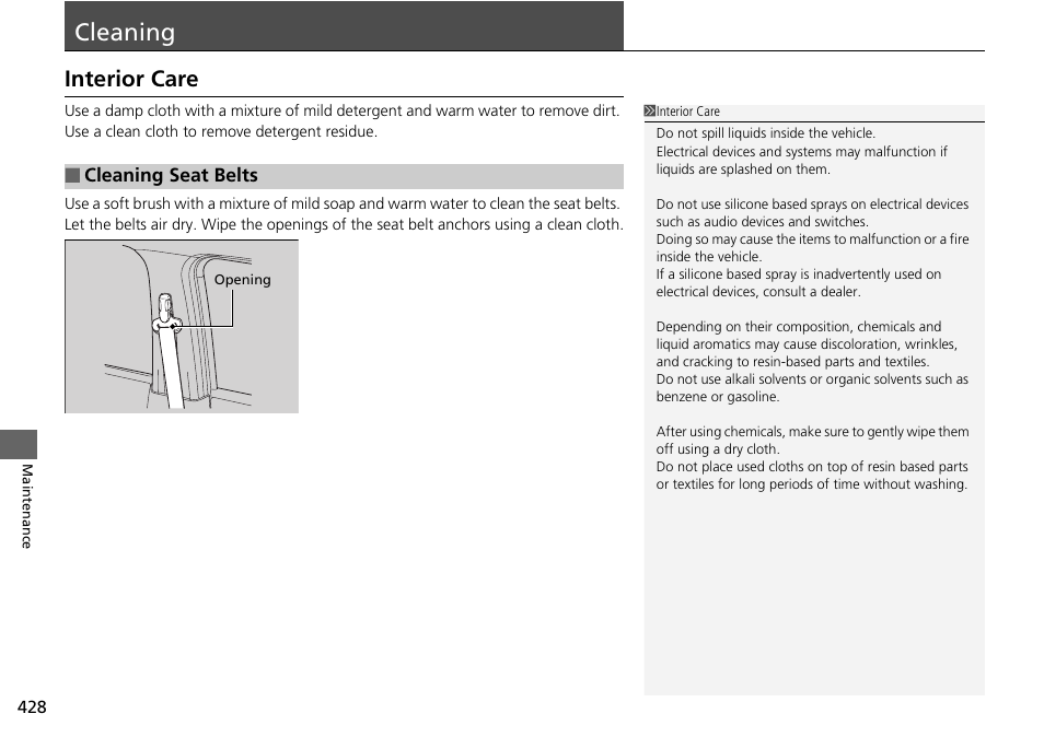 Cleaning p. 428, Cleaning, Interior care | HONDA 2015 Pilot - Owner's Manual User Manual | Page 429 / 488