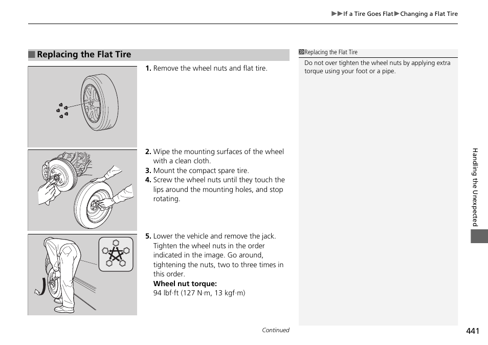 Replacing the flat tire | HONDA 2015 Pilot - Owner's Manual User Manual | Page 442 / 488