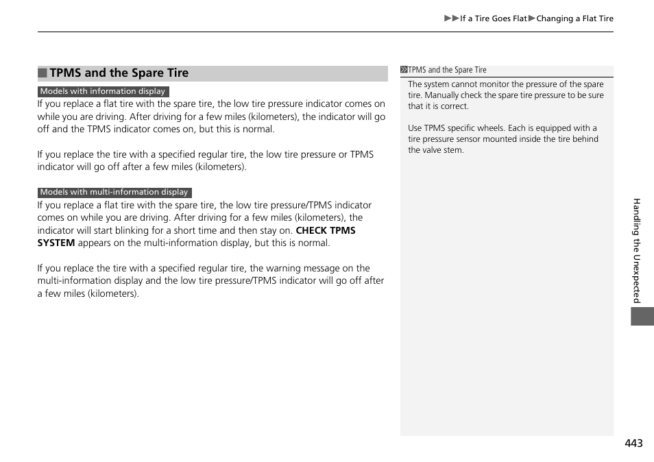 Tpms and the spare tire | HONDA 2015 Pilot - Owner's Manual User Manual | Page 444 / 488