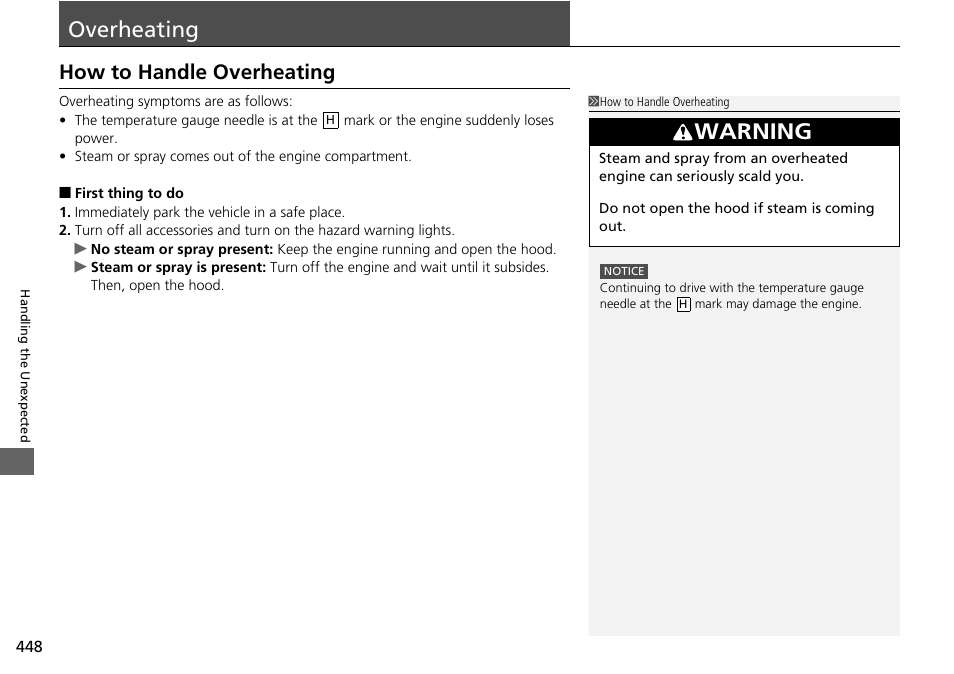 Overheating p. 448, P448, Overheating | How to handle overheating, Warning | HONDA 2015 Pilot - Owner's Manual User Manual | Page 449 / 488