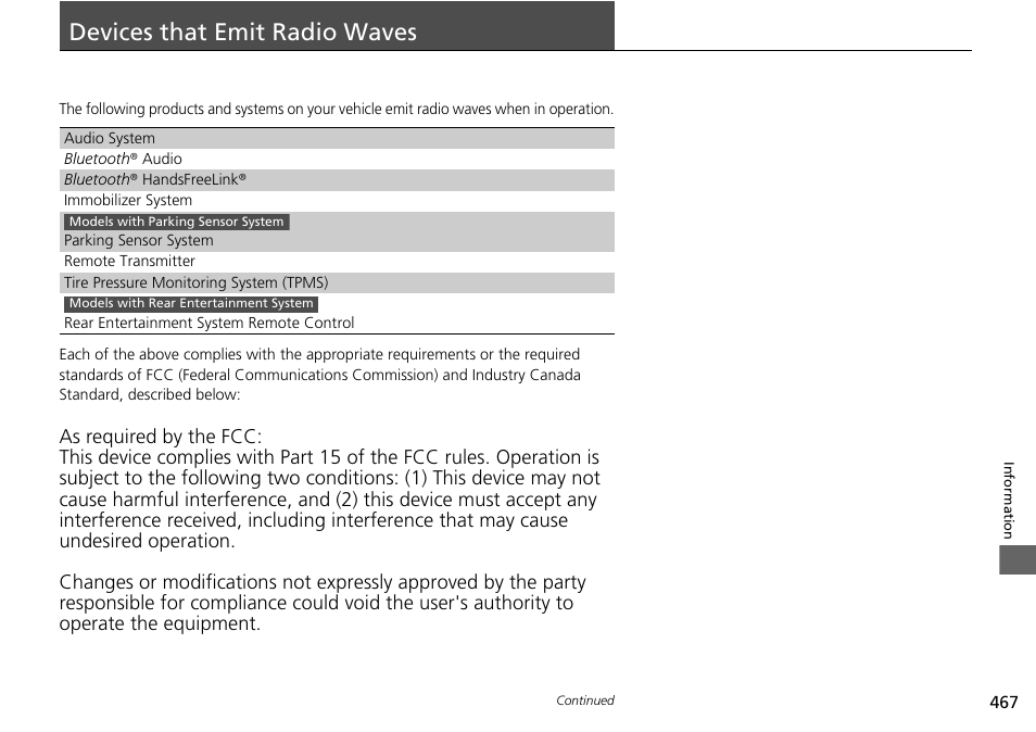 Devices that emit radio waves p. 467, Devices that emit radio waves | HONDA 2015 Pilot - Owner's Manual User Manual | Page 468 / 488