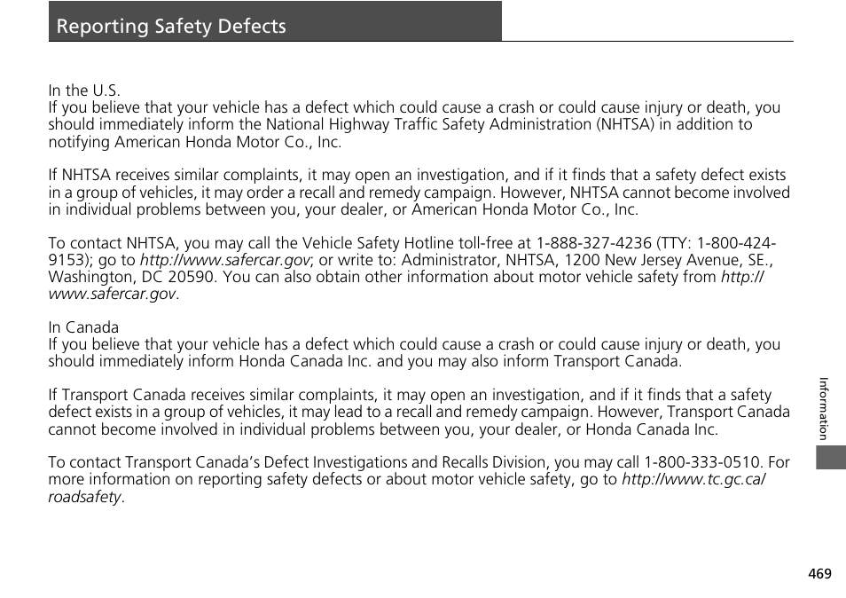 Reporting safety defects p. 469, Reporting safety defects | HONDA 2015 Pilot - Owner's Manual User Manual | Page 470 / 488