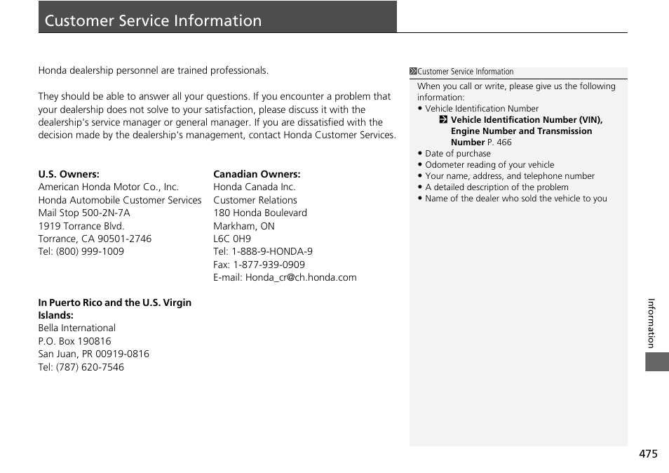 Customer service information | HONDA 2015 Pilot - Owner's Manual User Manual | Page 476 / 488