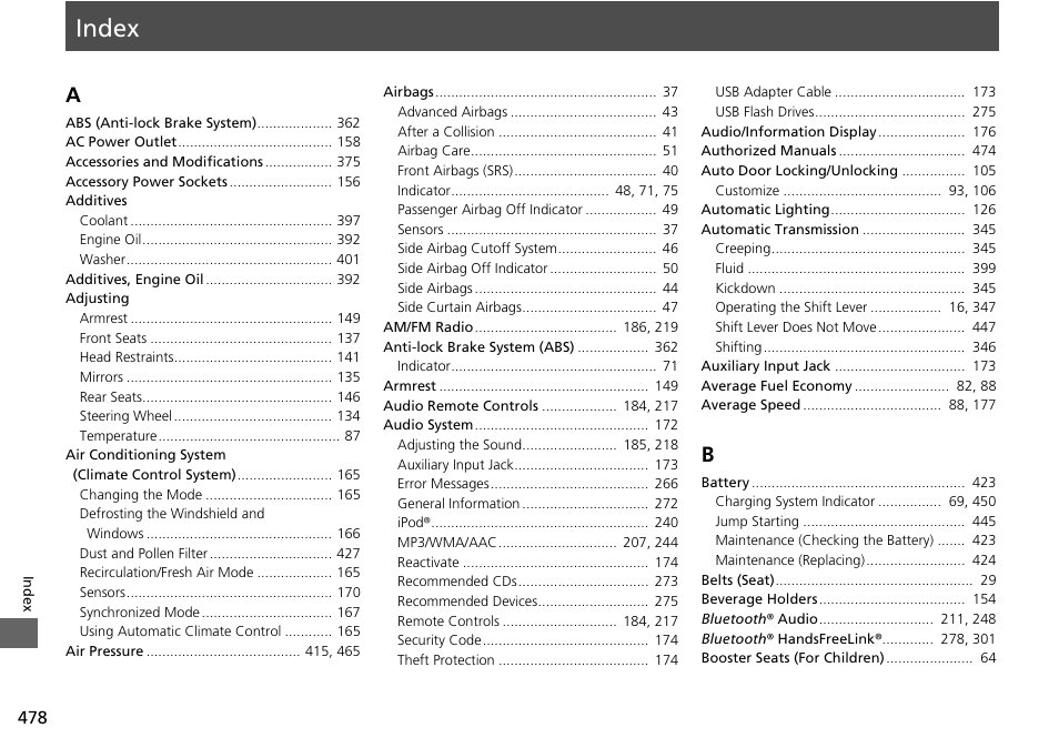 Index, Index a | HONDA 2015 Pilot - Owner's Manual User Manual | Page 479 / 488