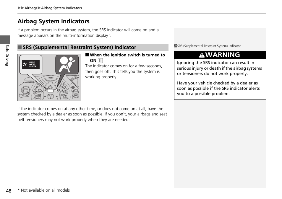 Airbag system indicators, Warning | HONDA 2015 Pilot - Owner's Manual User Manual | Page 49 / 488