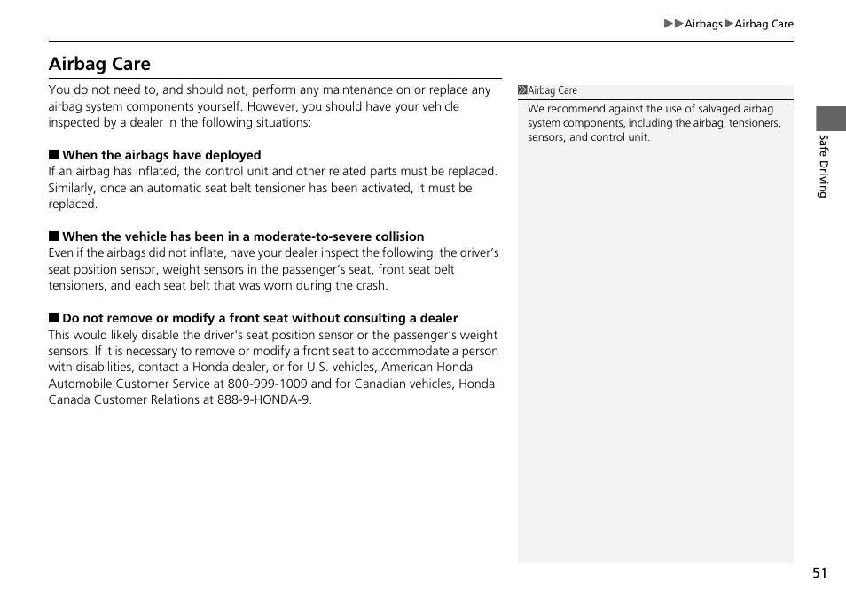 Airbag care | HONDA 2015 Pilot - Owner's Manual User Manual | Page 52 / 488