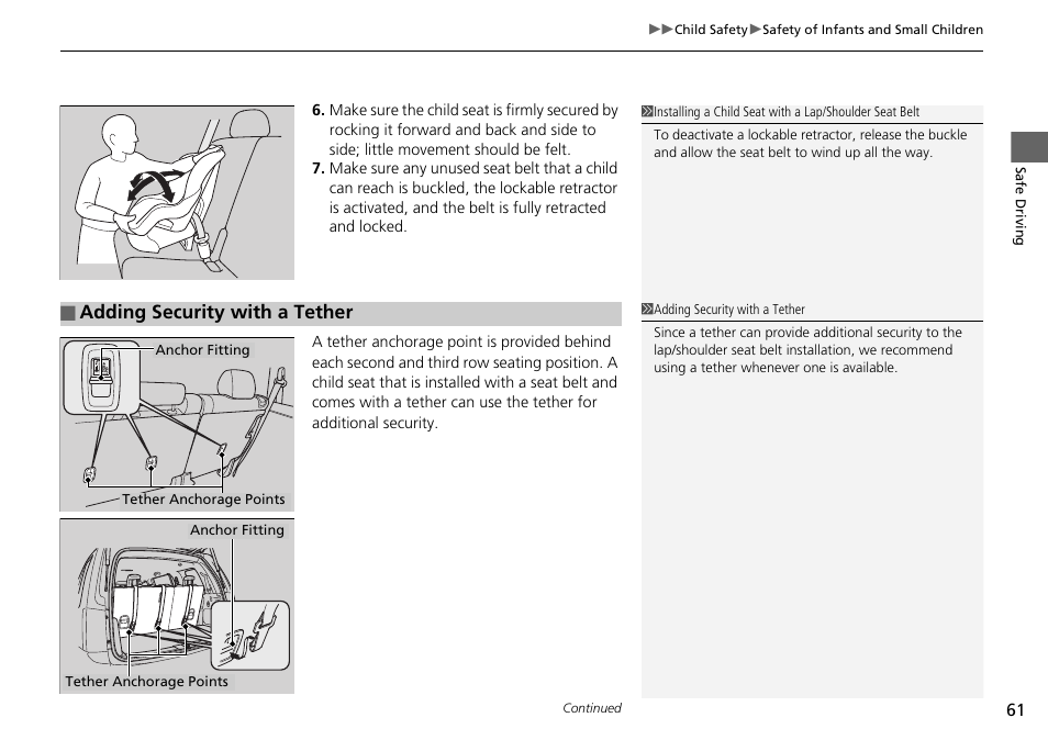Adding security with a tether | HONDA 2015 Pilot - Owner's Manual User Manual | Page 62 / 488