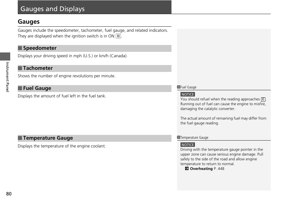 Gauges and displays, P 80, P80) | Gauges | HONDA 2015 Pilot - Owner's Manual User Manual | Page 81 / 488