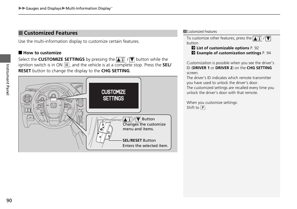 Customized features | HONDA 2015 Pilot - Owner's Manual User Manual | Page 91 / 488