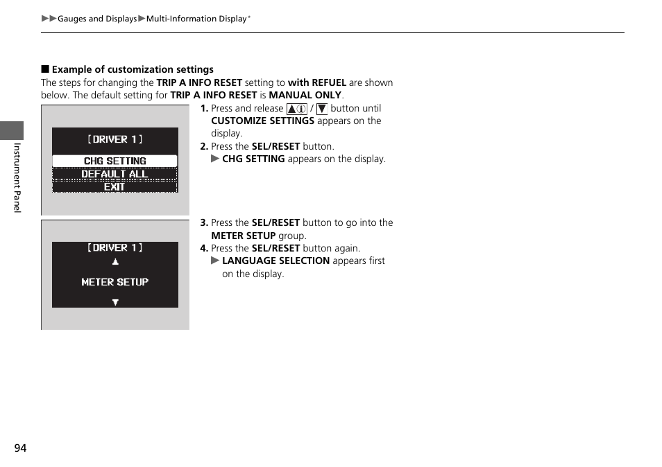 Example of customization settings | HONDA 2015 Pilot - Owner's Manual User Manual | Page 95 / 488