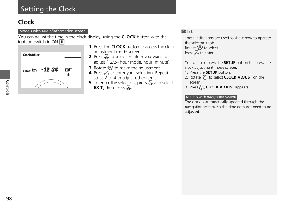 Setting the clock p. 98, Setting the clock, Clock | HONDA 2015 Pilot - Owner's Manual User Manual | Page 99 / 488