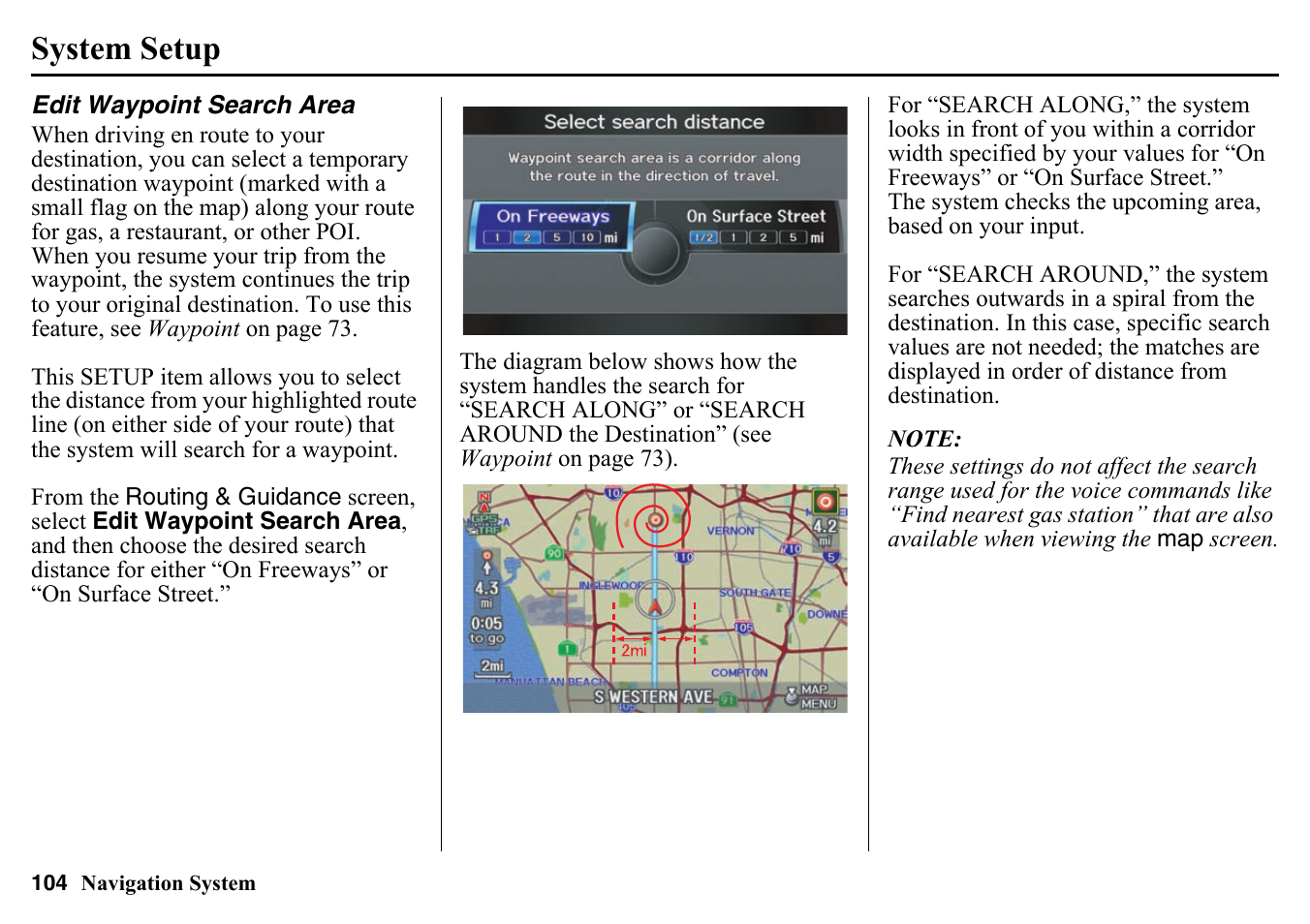 Edit waypoint search area, System setup | HONDA 2015 Pilot - Navigation Manual User Manual | Page 104 / 175