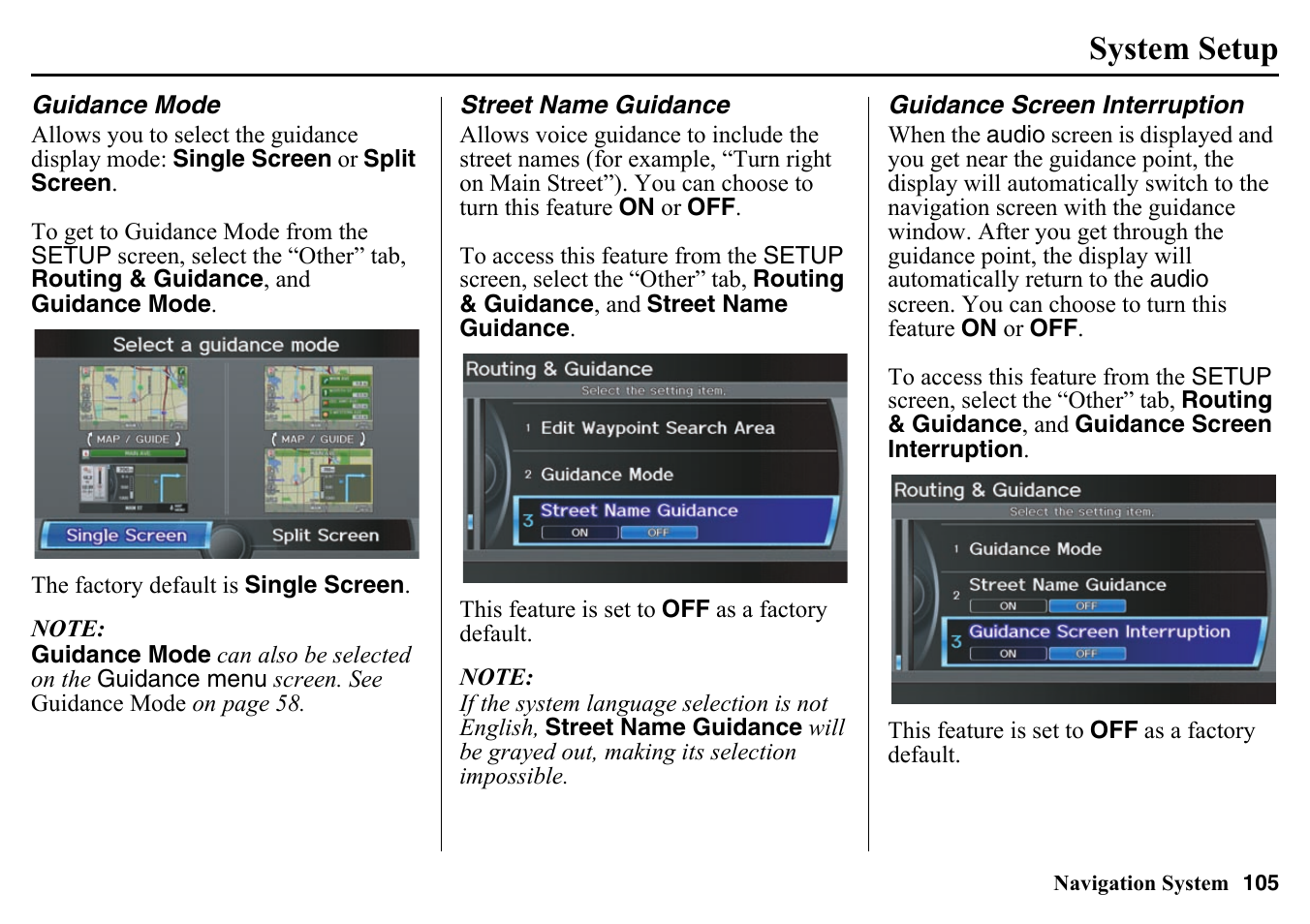 Setup (see guidance mode on, System setup | HONDA 2015 Pilot - Navigation Manual User Manual | Page 105 / 175
