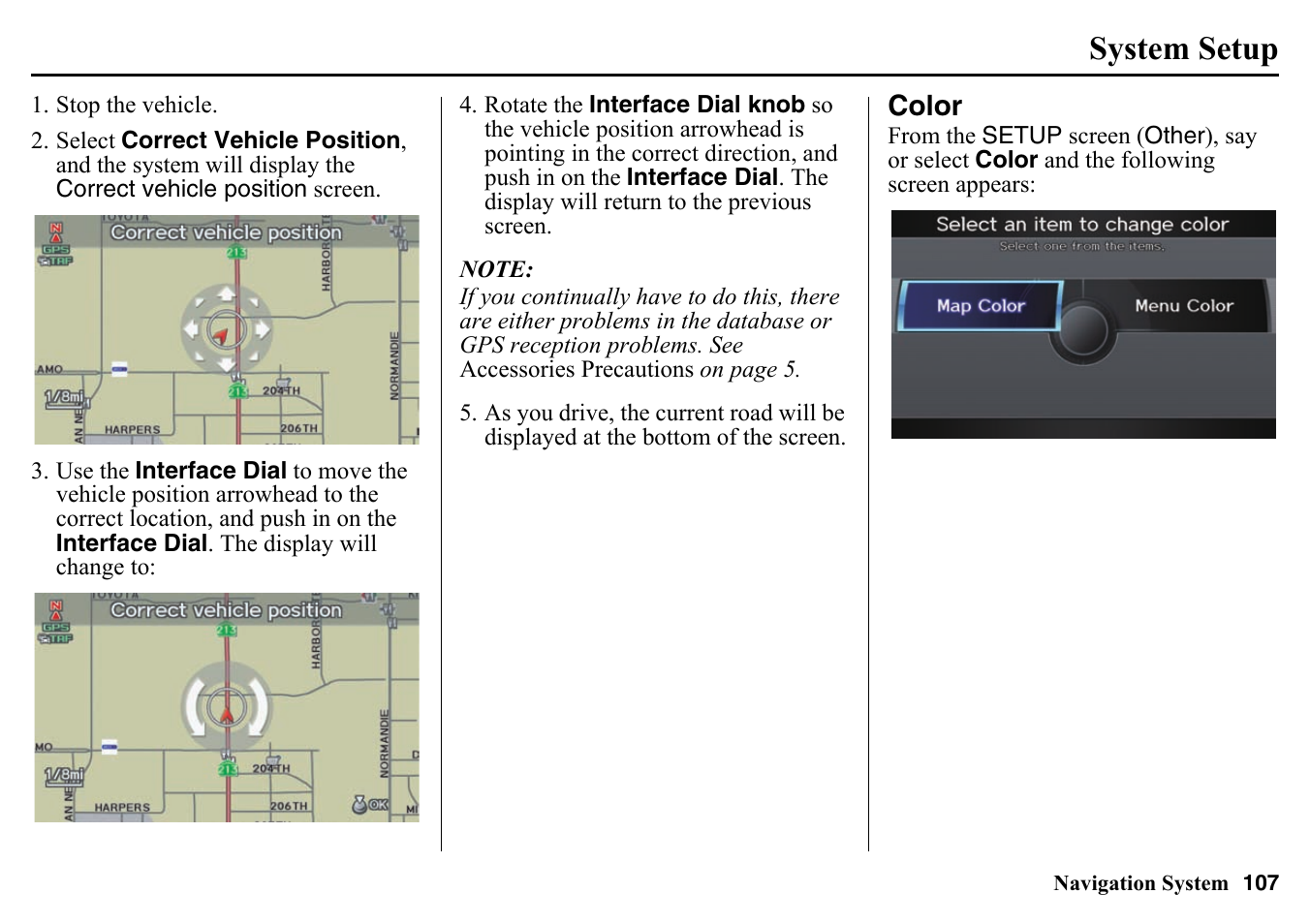 Color, System setup | HONDA 2015 Pilot - Navigation Manual User Manual | Page 107 / 175