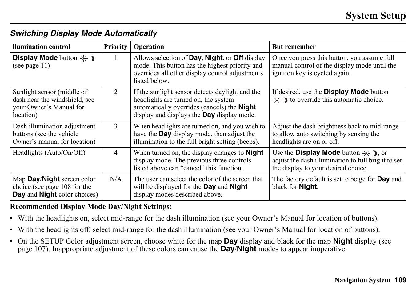 Switching display mode, Automatically, System setup | HONDA 2015 Pilot - Navigation Manual User Manual | Page 109 / 175