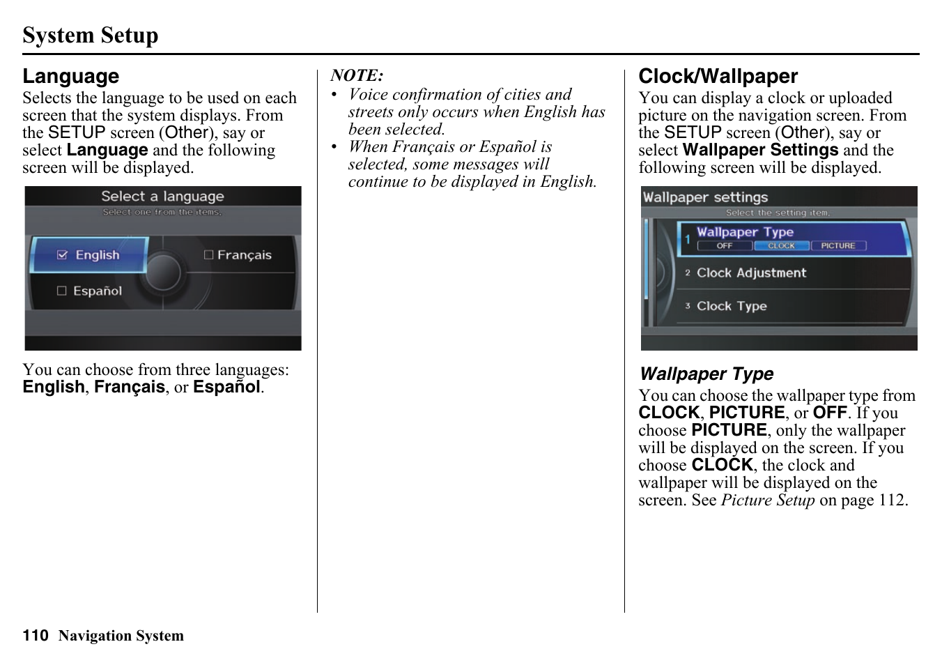 Language, Clock/wallpaper, Wallpaper type | System setup | HONDA 2015 Pilot - Navigation Manual User Manual | Page 110 / 175