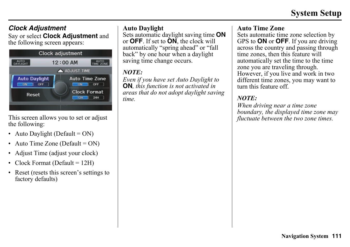 Clock adjustment, System setup | HONDA 2015 Pilot - Navigation Manual User Manual | Page 111 / 175