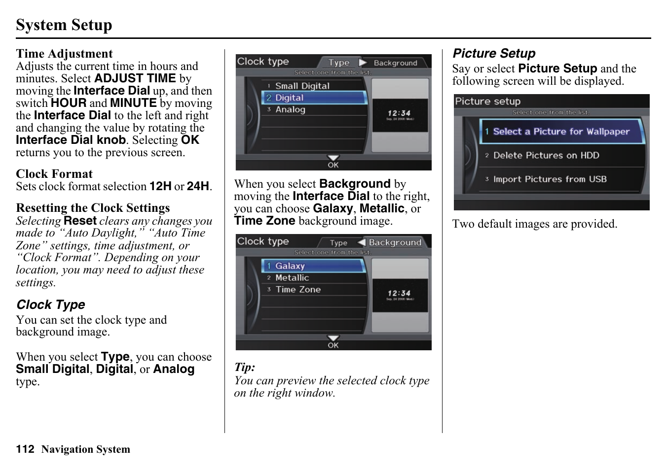 Clock type picture setup, P (see time, System setup | HONDA 2015 Pilot - Navigation Manual User Manual | Page 112 / 175