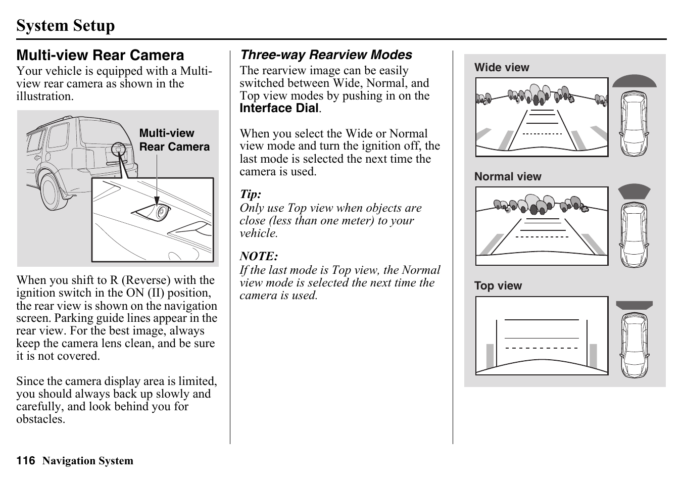 Multi-view rear camera, Three-way rearview modes, System setup | HONDA 2015 Pilot - Navigation Manual User Manual | Page 116 / 175