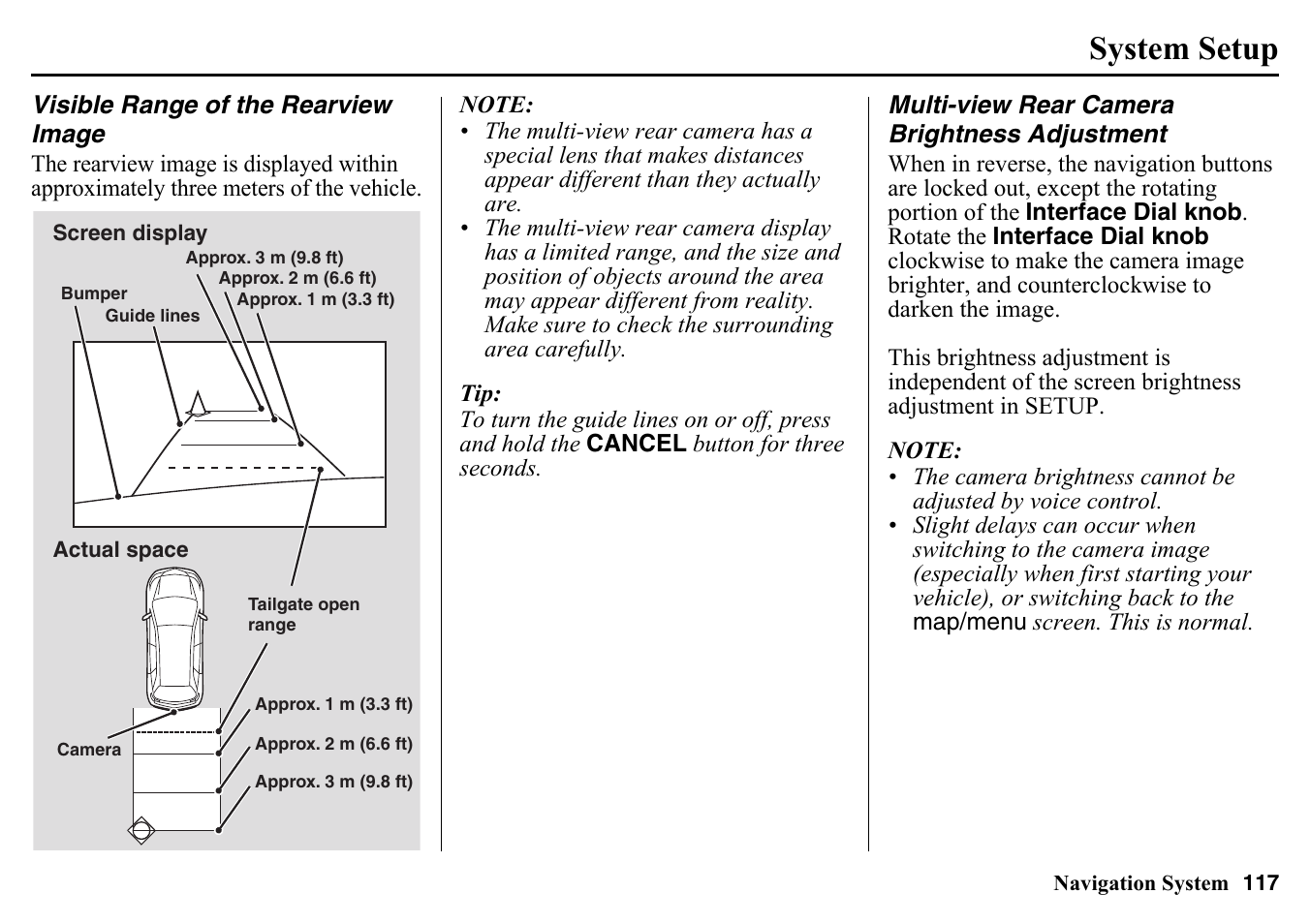 Visible range of the rearview, Image, Multi-view rear camera brightness | Adjustment, System setup | HONDA 2015 Pilot - Navigation Manual User Manual | Page 117 / 175