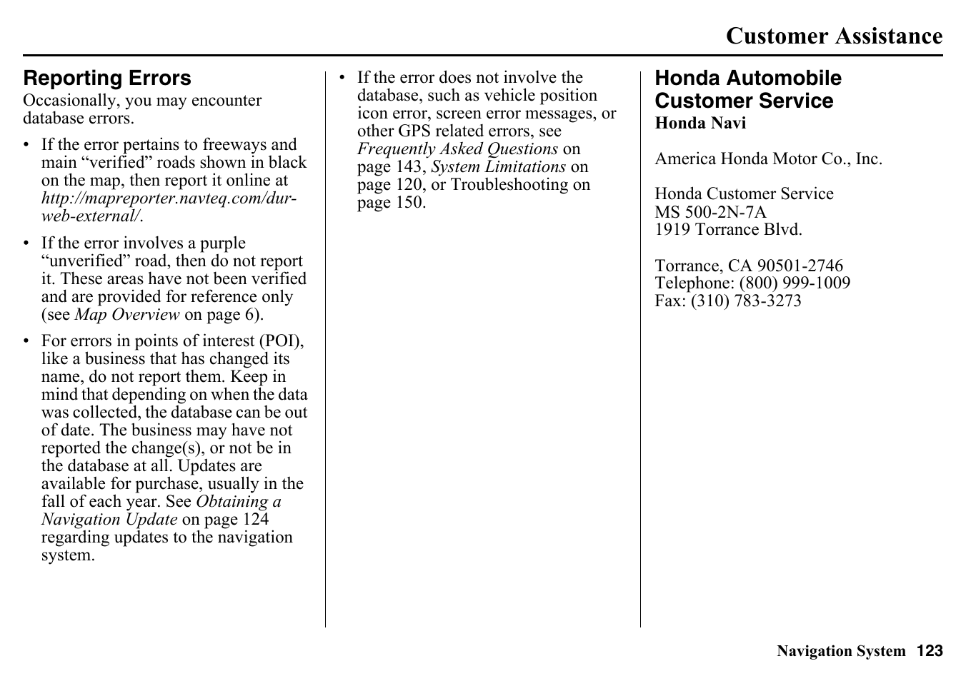 Customer assistance, Reporting errors honda automobile customer, Service | HONDA 2015 Pilot - Navigation Manual User Manual | Page 123 / 175