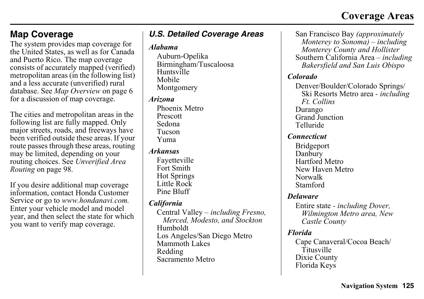 Coverage areas, Map coverage, U.s. detailed coverage areas | D (see | HONDA 2015 Pilot - Navigation Manual User Manual | Page 125 / 175