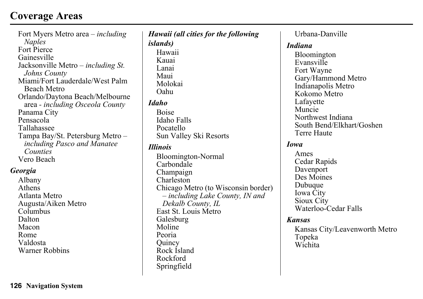 Coverage areas | HONDA 2015 Pilot - Navigation Manual User Manual | Page 126 / 175
