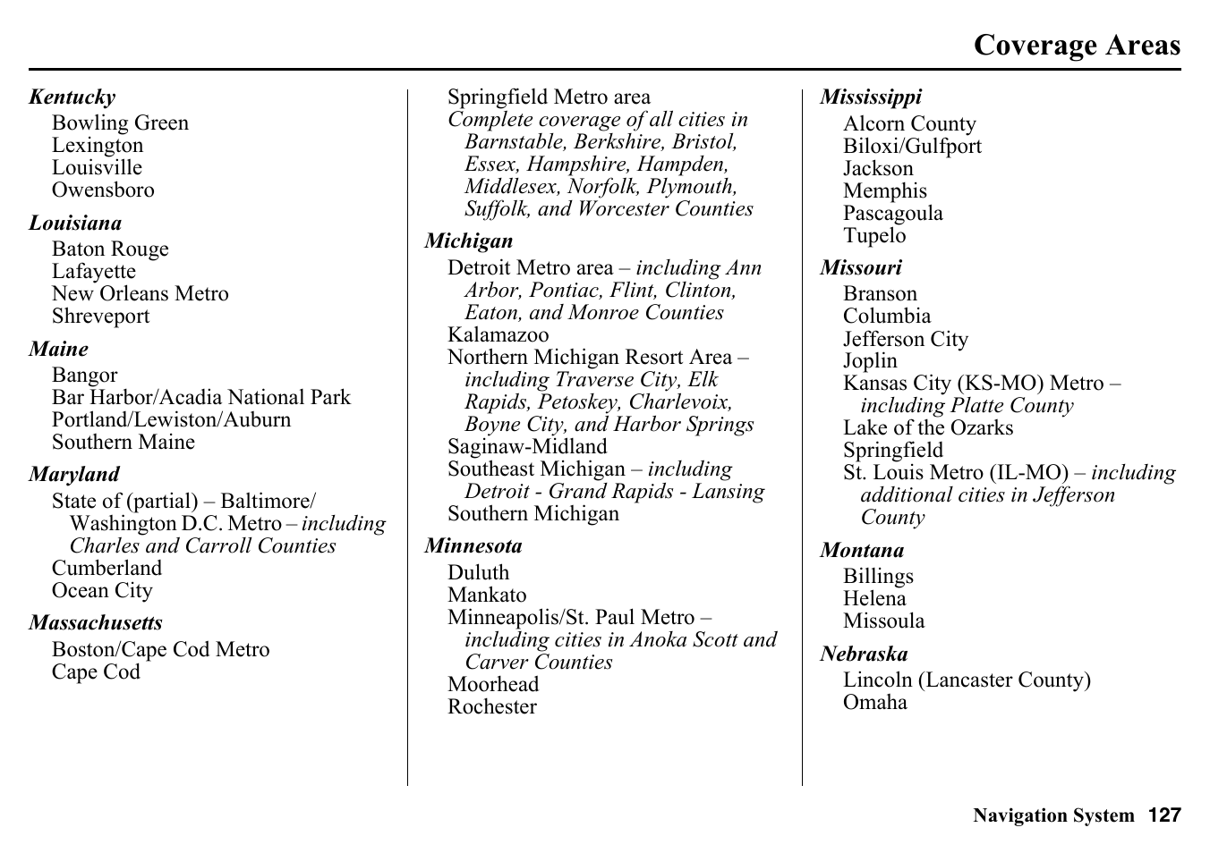 Coverage areas | HONDA 2015 Pilot - Navigation Manual User Manual | Page 127 / 175