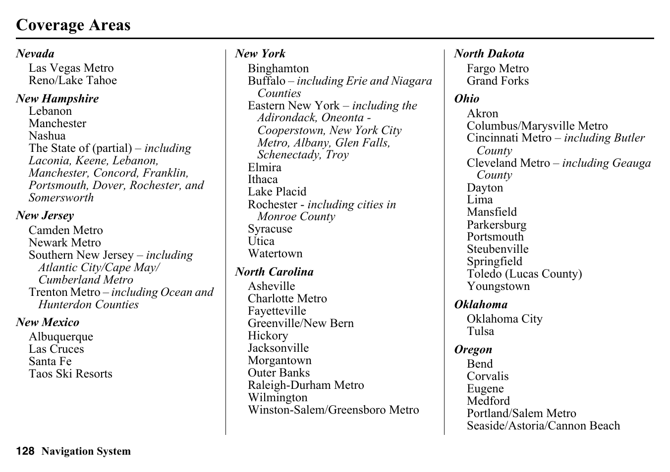 Coverage areas | HONDA 2015 Pilot - Navigation Manual User Manual | Page 128 / 175