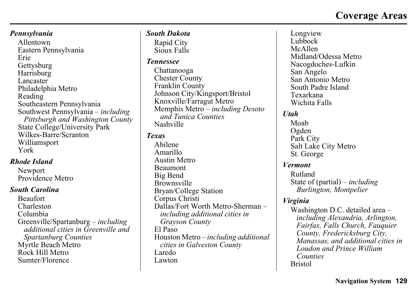 Coverage areas | HONDA 2015 Pilot - Navigation Manual User Manual | Page 129 / 175