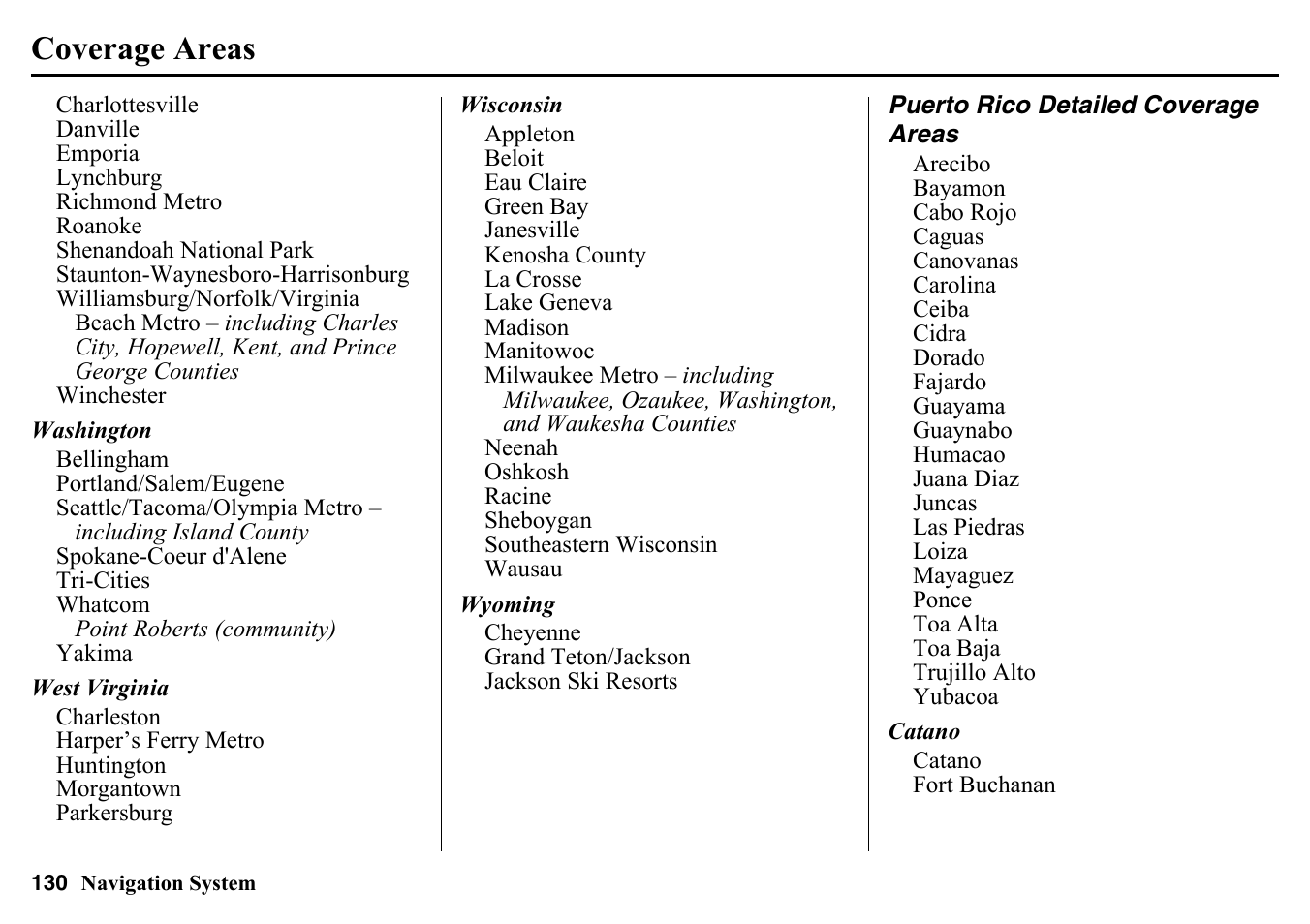 Puerto rico detailed coverage, Areas, Coverage areas | HONDA 2015 Pilot - Navigation Manual User Manual | Page 130 / 175