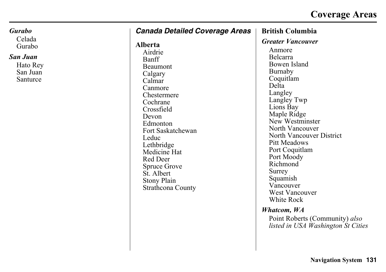 Canada detailed coverage areas, Coverage areas | HONDA 2015 Pilot - Navigation Manual User Manual | Page 131 / 175