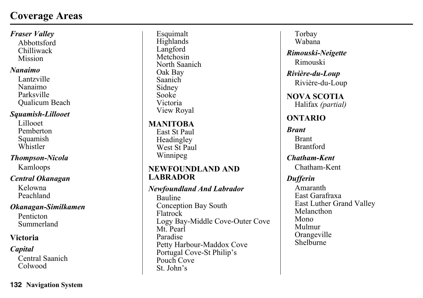 Coverage areas | HONDA 2015 Pilot - Navigation Manual User Manual | Page 132 / 175