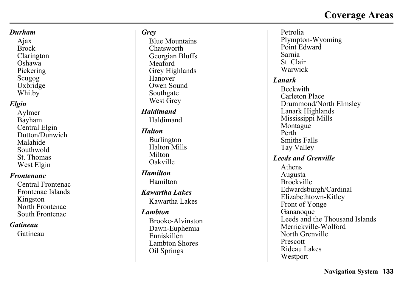 Coverage areas | HONDA 2015 Pilot - Navigation Manual User Manual | Page 133 / 175