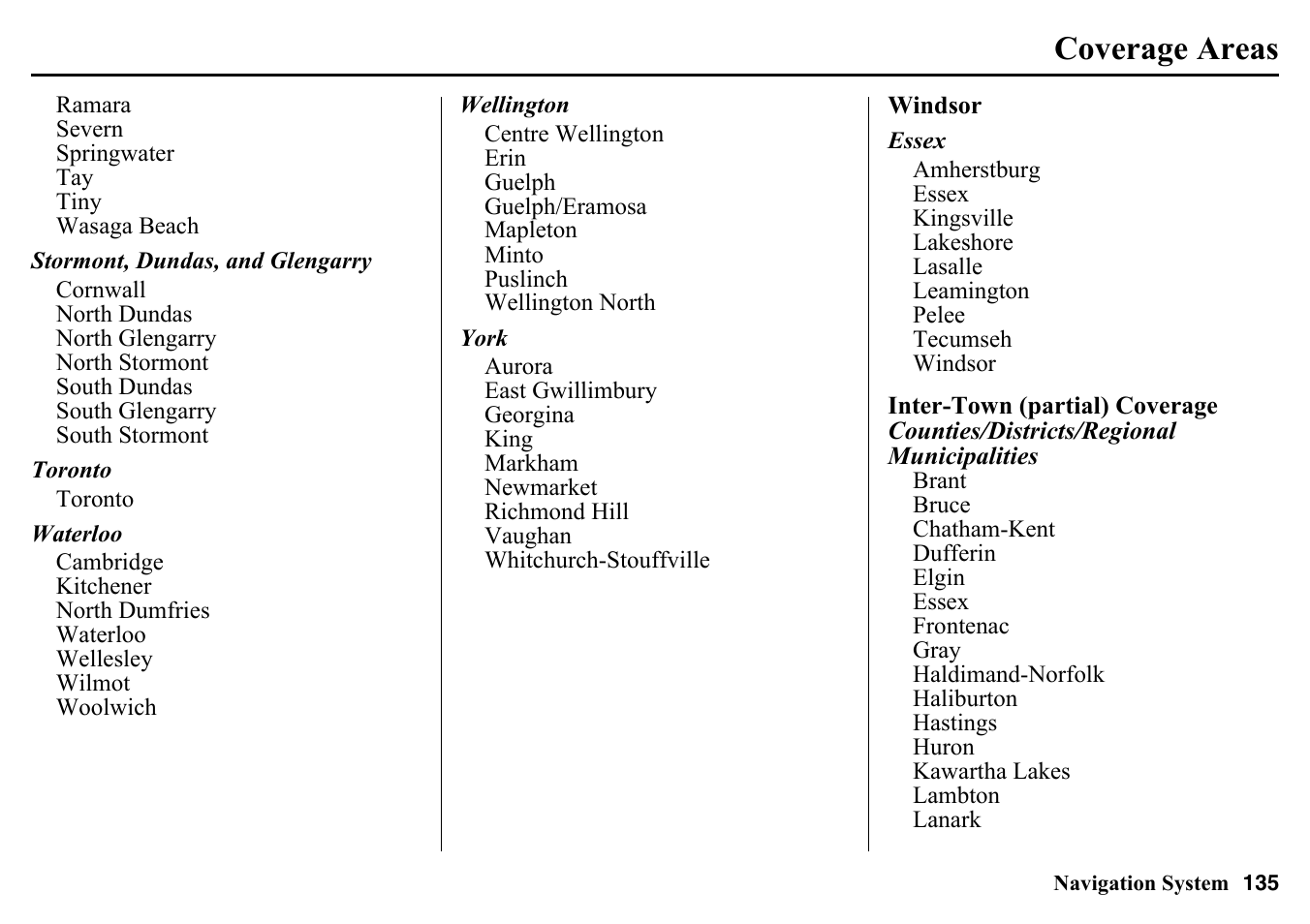 Coverage areas | HONDA 2015 Pilot - Navigation Manual User Manual | Page 135 / 175