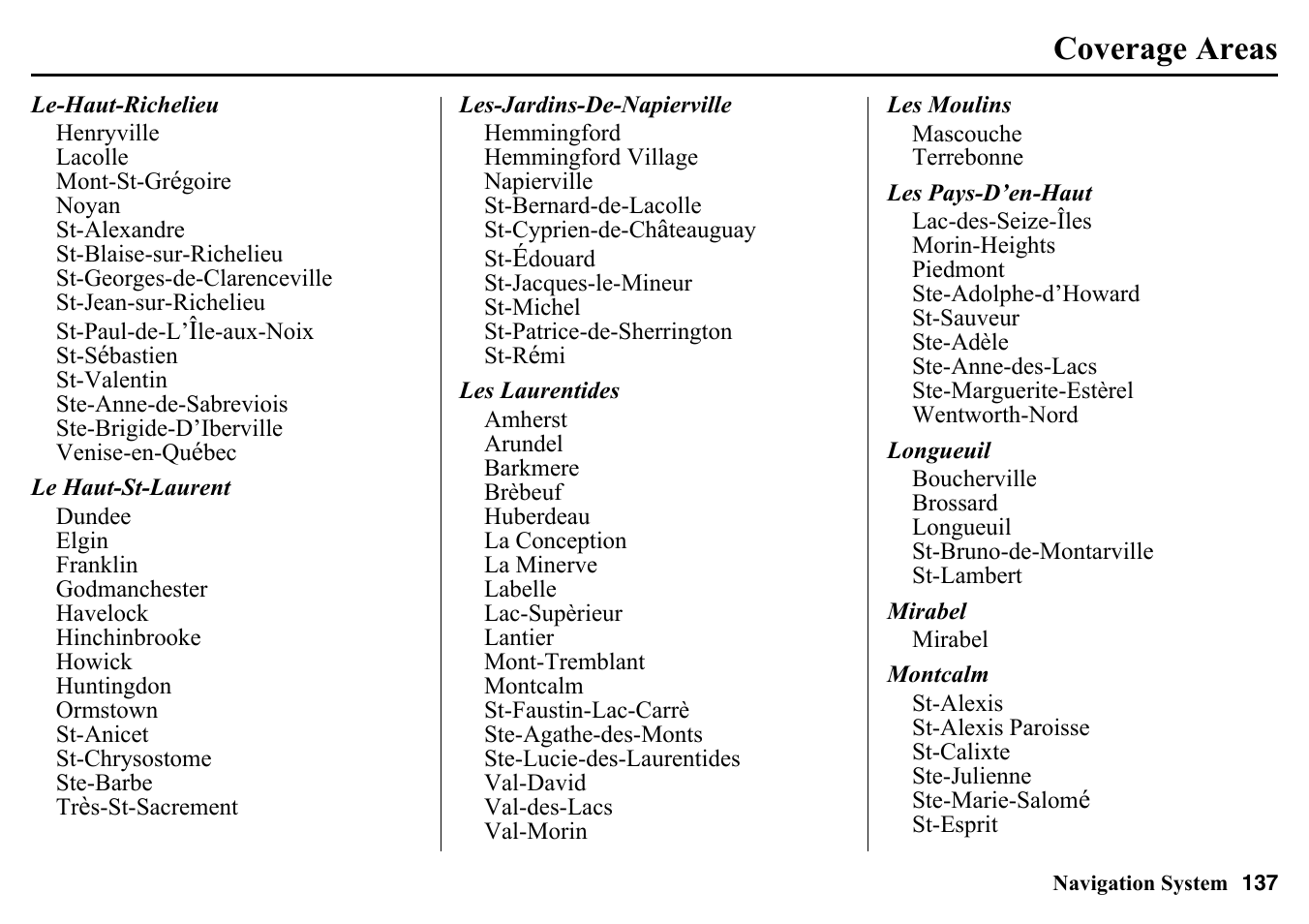 Coverage areas | HONDA 2015 Pilot - Navigation Manual User Manual | Page 137 / 175