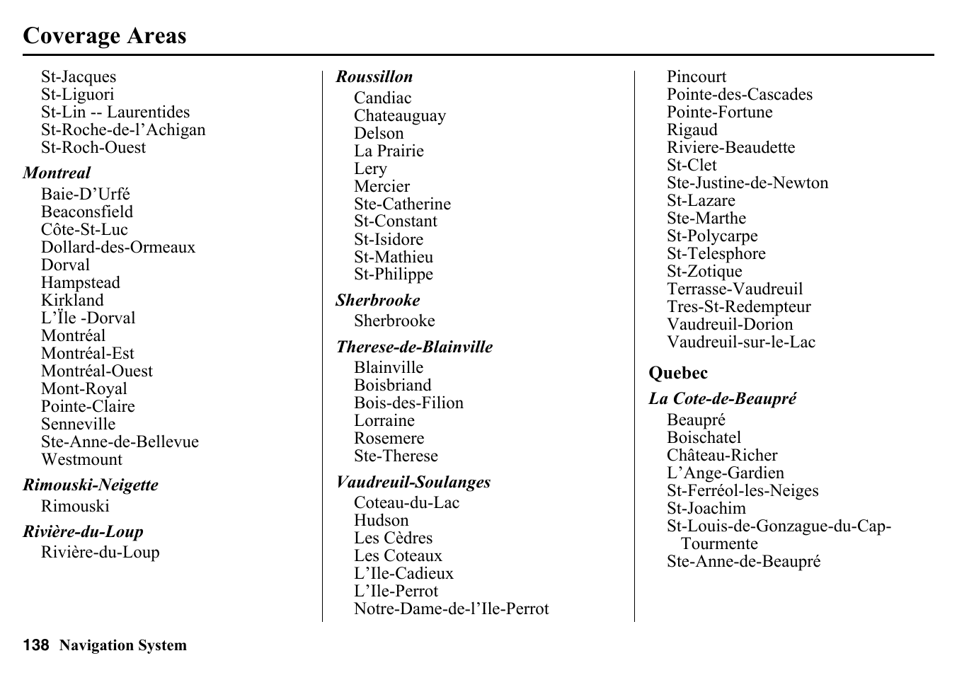 Coverage areas | HONDA 2015 Pilot - Navigation Manual User Manual | Page 138 / 175