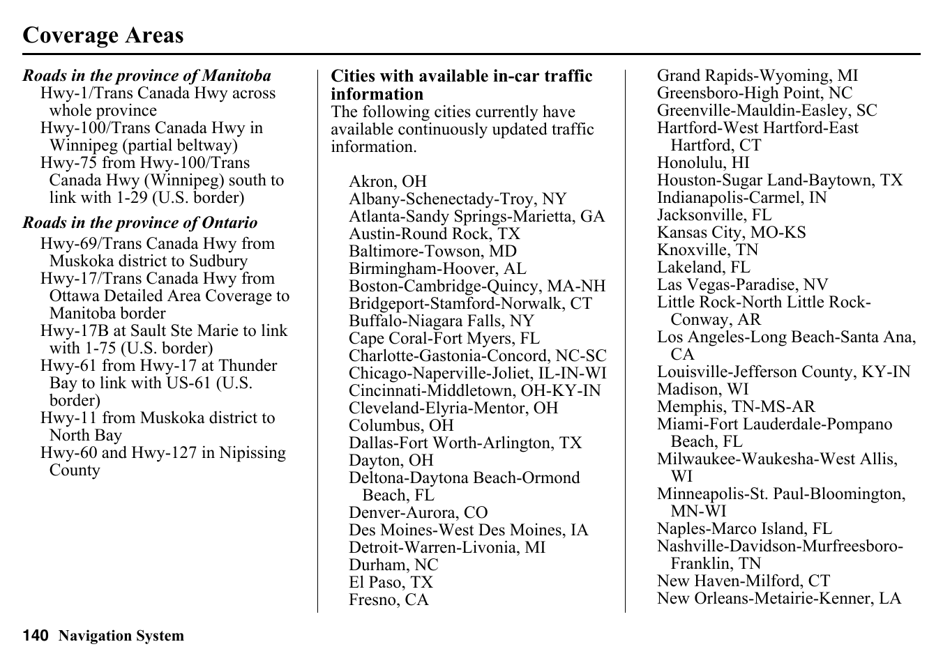 Coverage areas | HONDA 2015 Pilot - Navigation Manual User Manual | Page 140 / 175