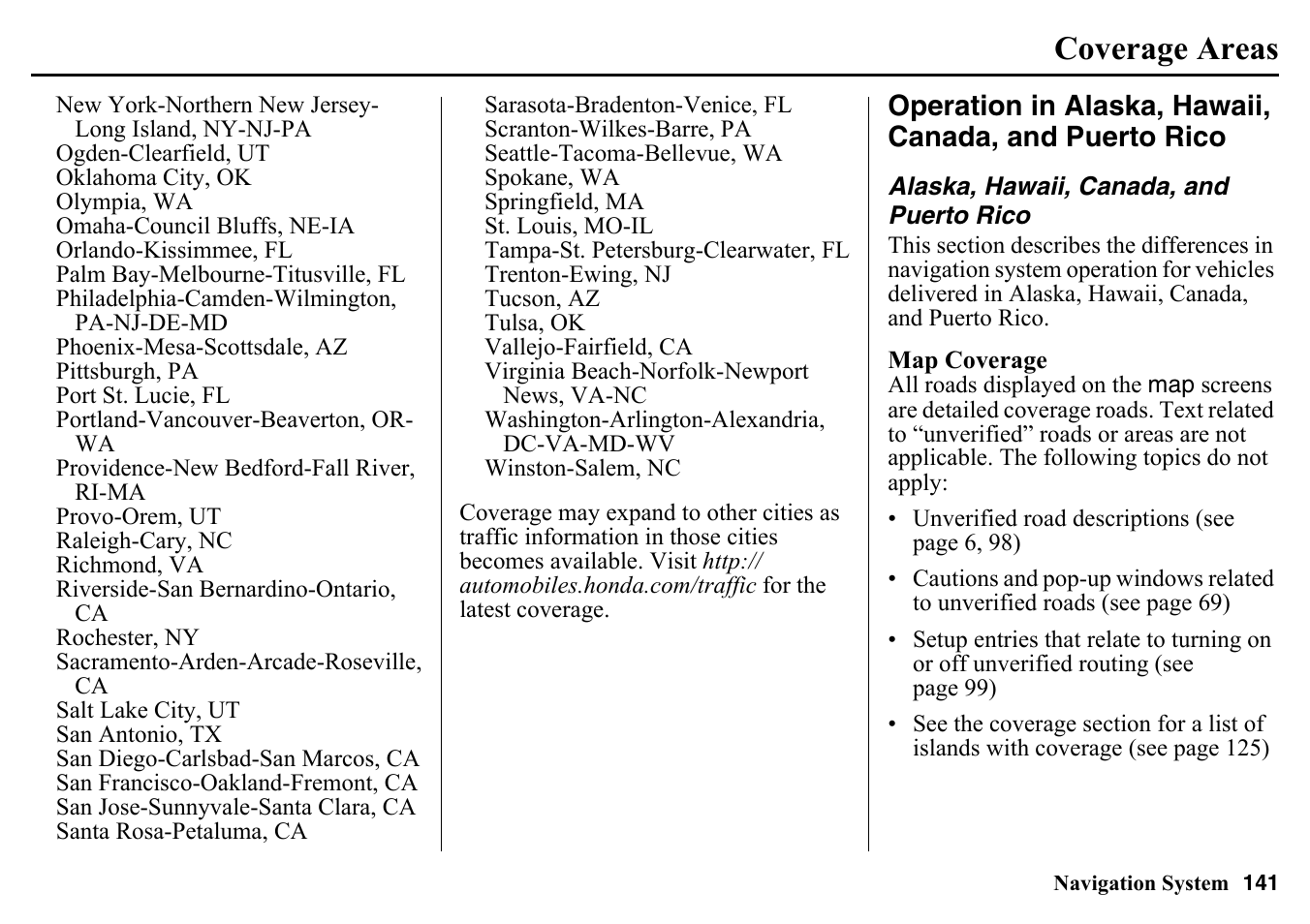 Operation in alaska, hawaii, canada, And puerto rico, Alaska, hawaii, canada | Coverage areas | HONDA 2015 Pilot - Navigation Manual User Manual | Page 141 / 175