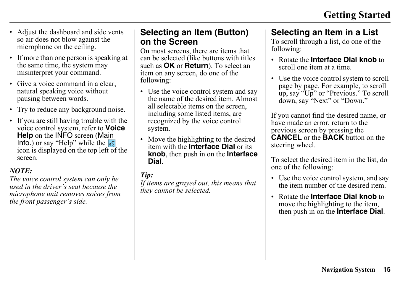 Selecting an item (button) on the, Screen, Selecting an item in a list | Getting started | HONDA 2015 Pilot - Navigation Manual User Manual | Page 15 / 175