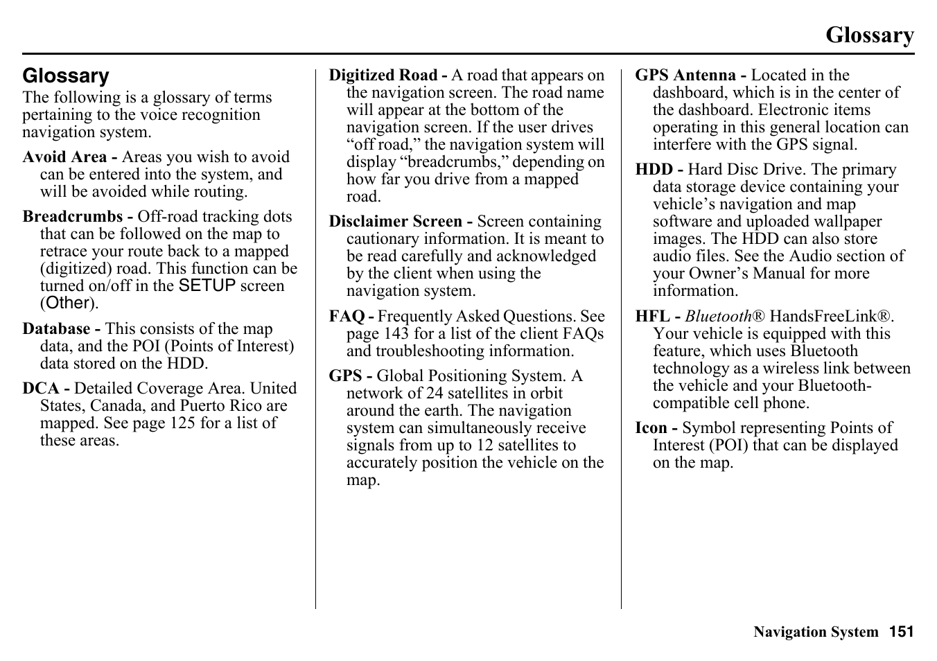 Glossary | HONDA 2015 Pilot - Navigation Manual User Manual | Page 151 / 175
