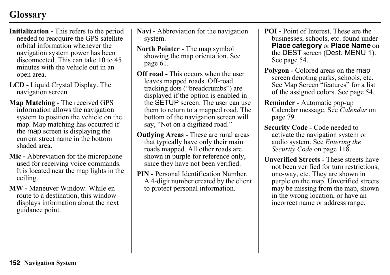 Glossary | HONDA 2015 Pilot - Navigation Manual User Manual | Page 152 / 175
