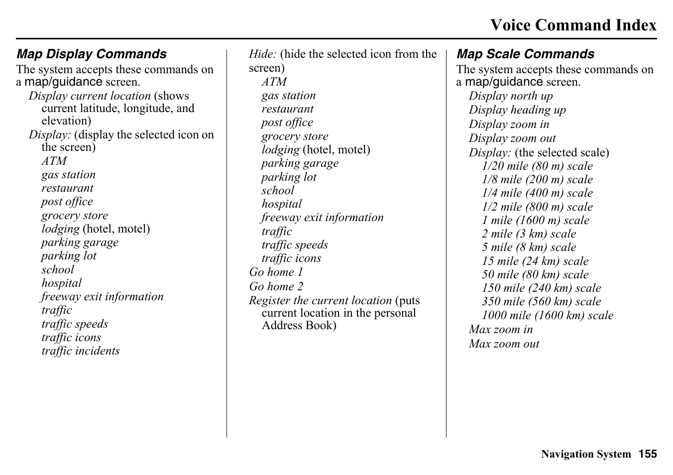 Map display commands map scale commands, Voice command index | HONDA 2015 Pilot - Navigation Manual User Manual | Page 155 / 175
