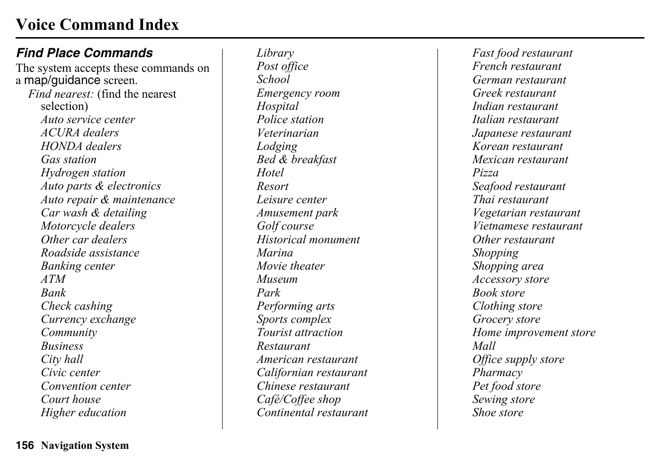 Find place commands, Voice command index | HONDA 2015 Pilot - Navigation Manual User Manual | Page 156 / 175