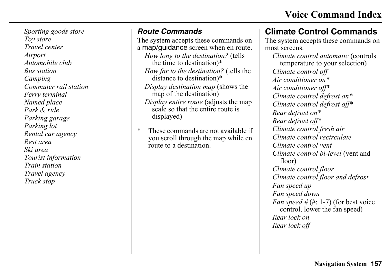 Route commands, Climate control commands, Voice command index | HONDA 2015 Pilot - Navigation Manual User Manual | Page 157 / 175