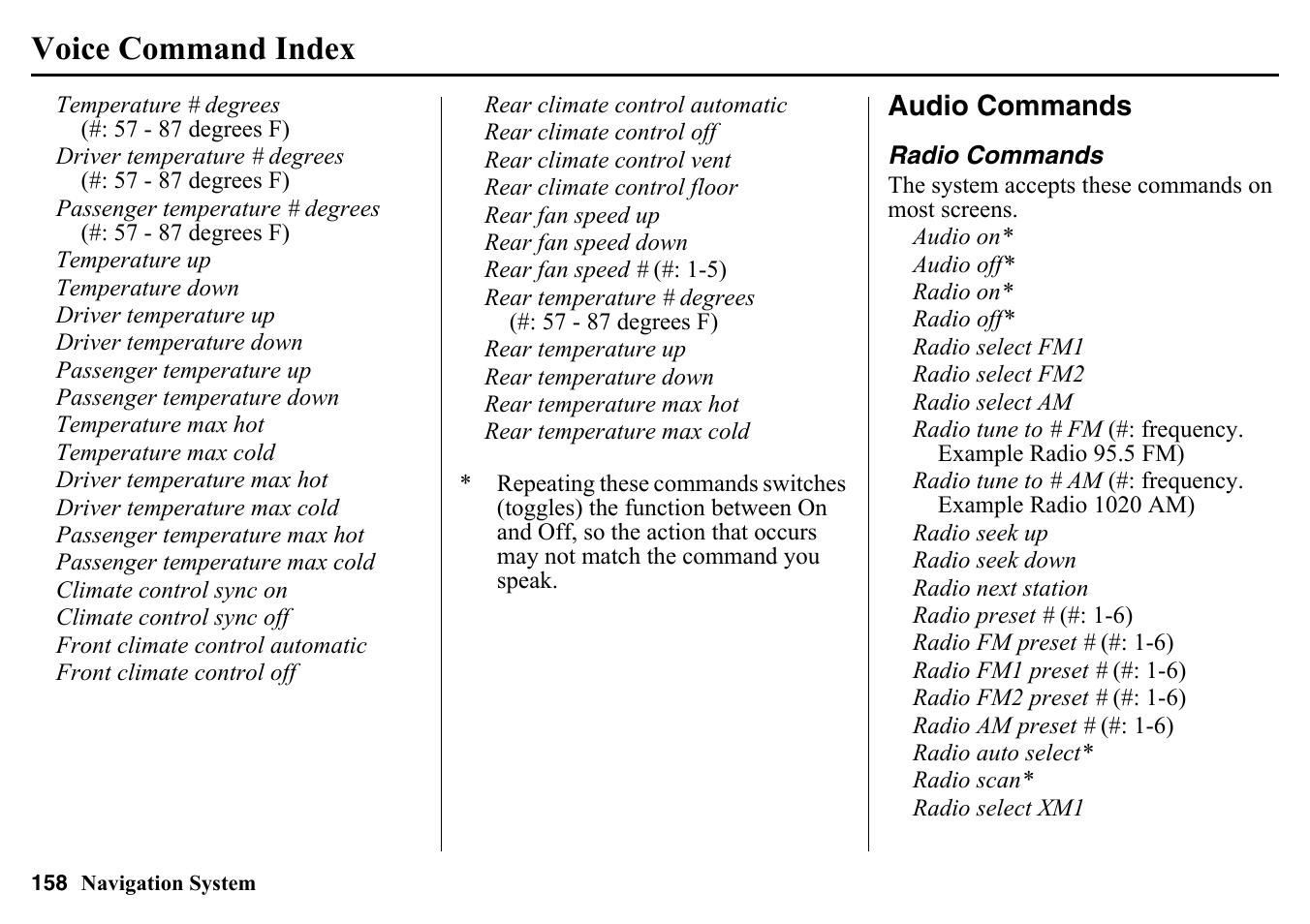 Audio commands, Radio commands, Voice command index | HONDA 2015 Pilot - Navigation Manual User Manual | Page 158 / 175